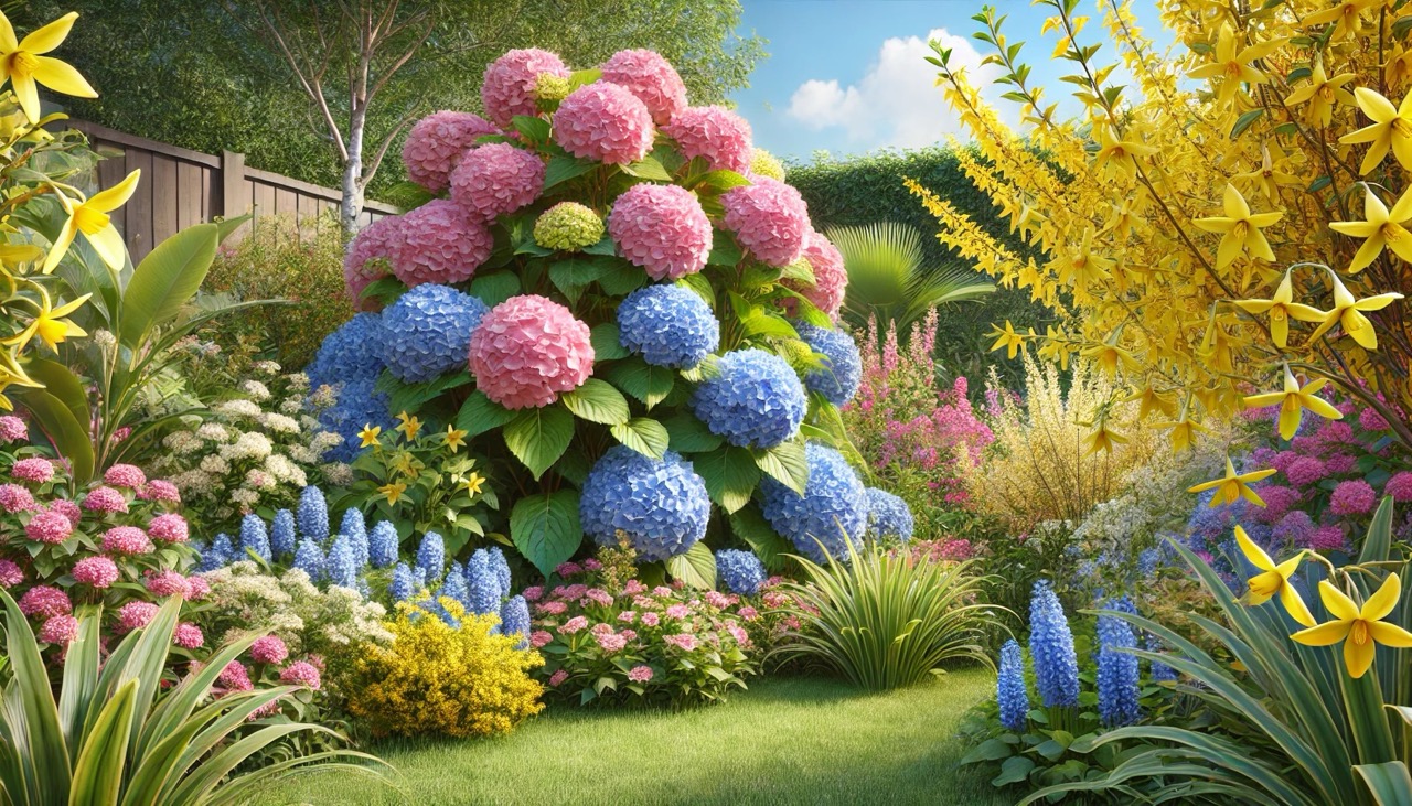 На фото зображено гортензія та форзиція