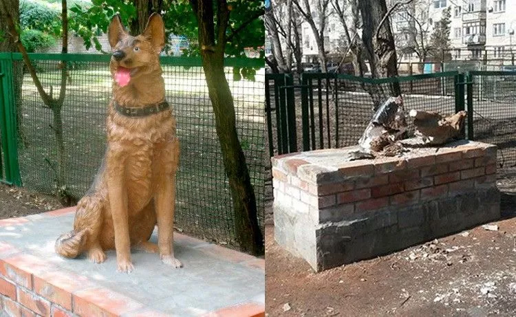 В Бердянске в сквере по ул. Тищенко вандалы уничтожили полюбившуюся детям скульптуру собаки
