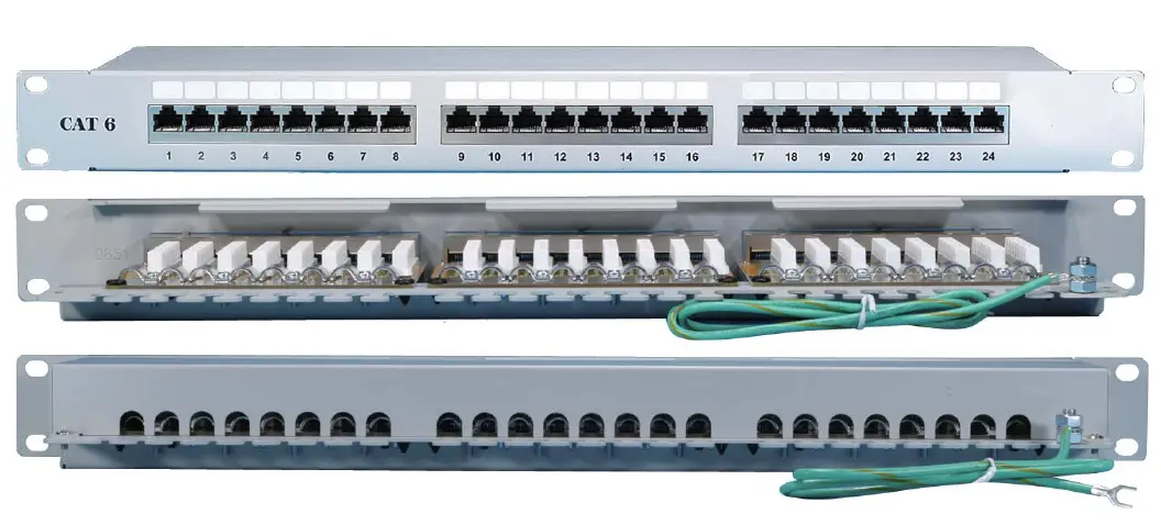На фото екранована патч-панель 24 порти Hyperline, 19", RJ-45, повний екран, категорія 6 PP-19-24-8P8C-C6-SH-110D
