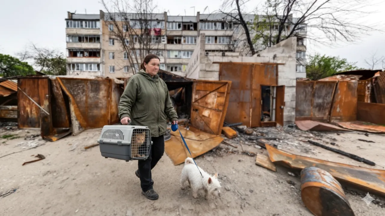 Людина з тваринами серед руйнувань Людина з тваринами серед руйнувань